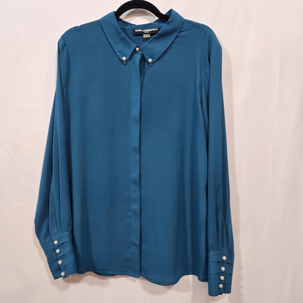 Karl Lagerfeld Paris XL Teal Blue Pearl Button Blouse Hidden Placket Tunic